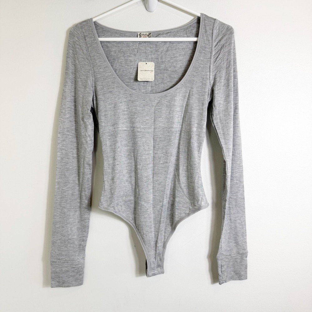 Free People Bodysuit Women Small Heather Grey Scoop Neck Long Sleeve NWT